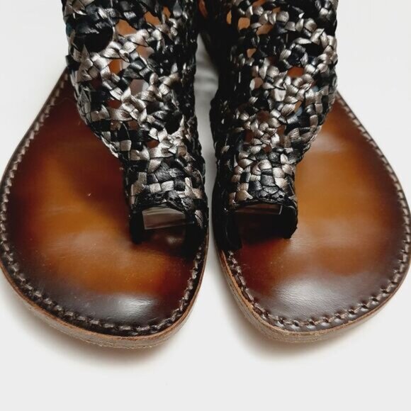 EMANUELE CRASTO Italy Woven Thong Flat Sandals Lather Black & Silver Sz 7 / 37 - Picture 5 of 13